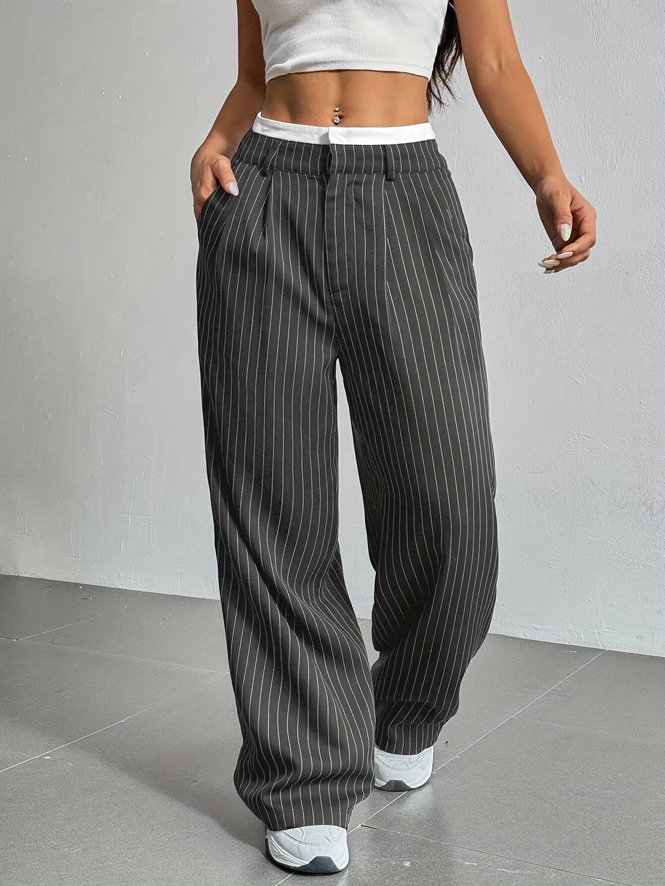Stripe Printed Trousers Fashion High Waist Straight Leg Pants With Pocket Zipper Casual Suit Pants For Women