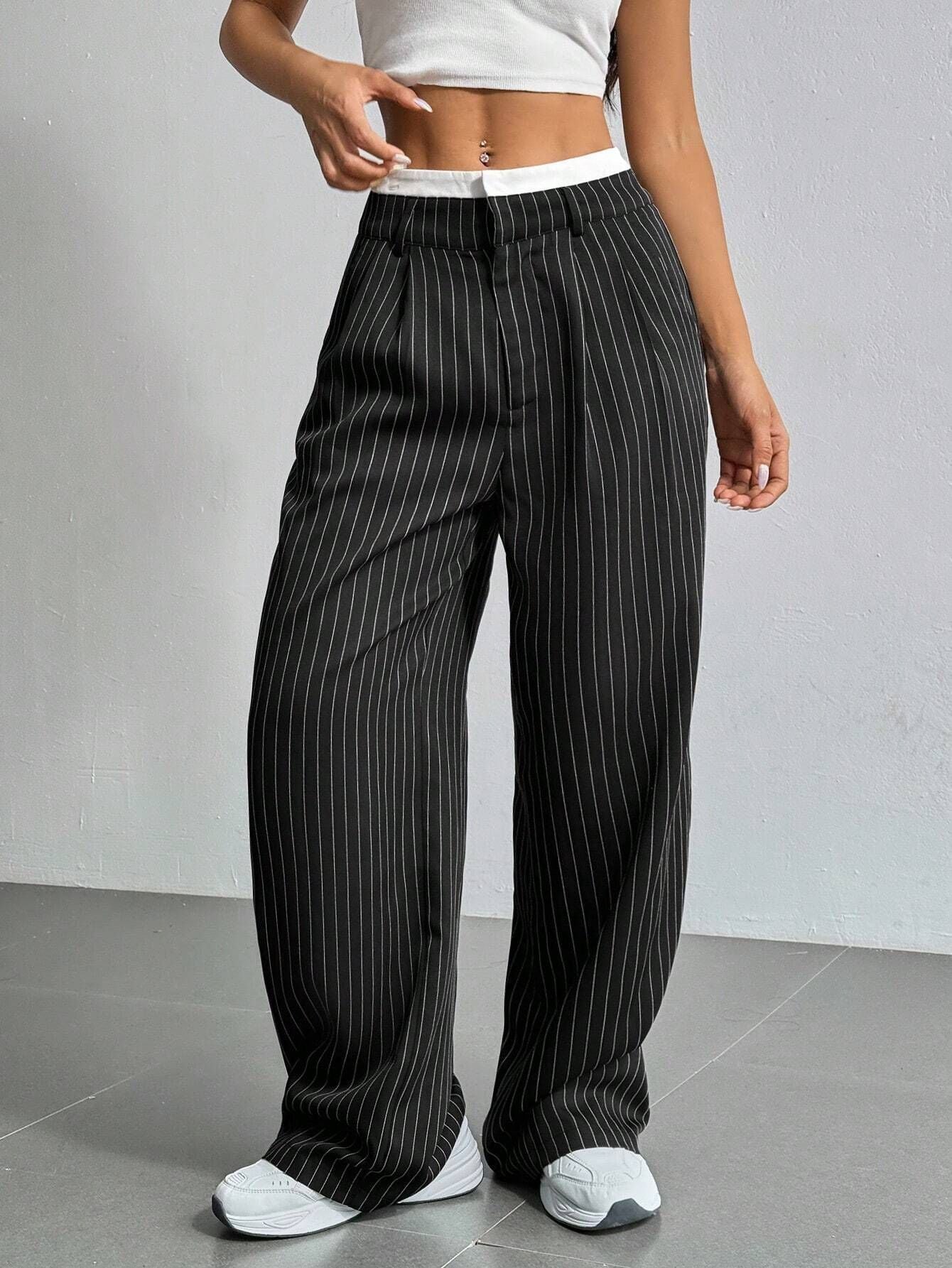 Stripe Printed Trousers Fashion High Waist Straight Leg Pants With Pocket Zipper Casual Suit Pants For Women